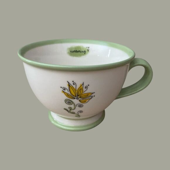 Starbucks 2006 “Nurturing” Mug Green Rim Yellow Flower 10 oz Inspirational - Picture 1 of 5
